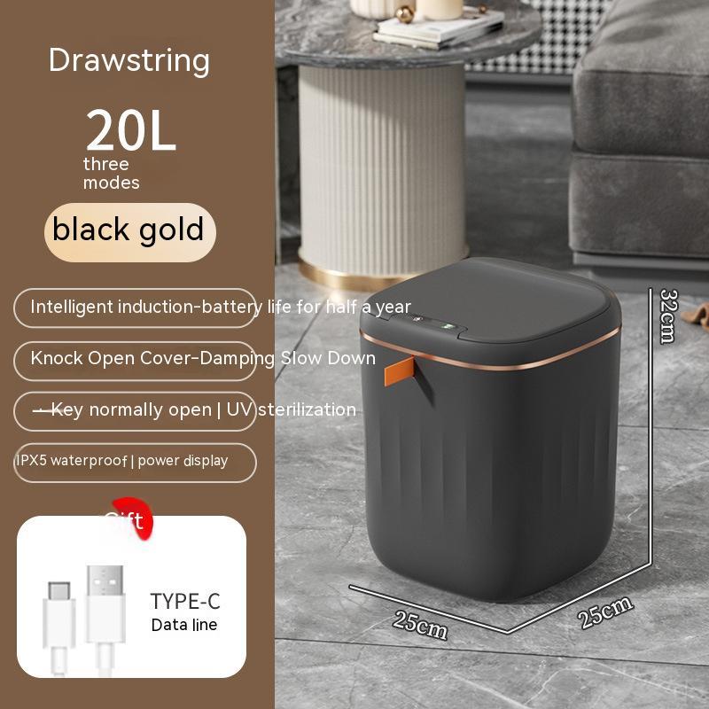 This & That Store Trash Can Black Gold / 20L Smart Trash Can With Lid For Bedroom And Living Room Kitchen Storage Box Trash Can Induction Small Car Box Automatic Smart Dustbin Smart Trash Bin