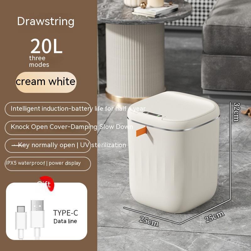 This & That Store Trash Can Cream white / 20L Smart Trash Can With Lid For Bedroom And Living Room Kitchen Storage Box Trash Can Induction Small Car Box Automatic Smart Dustbin Smart Trash Bin