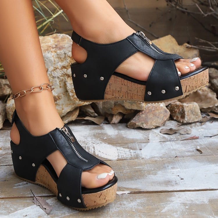 This & That Store Women's Shoes Black / 36 Summer Zipper Wedges Sandals Women's Lightweight Height Increasing Shoes Fashion Casual Sandals