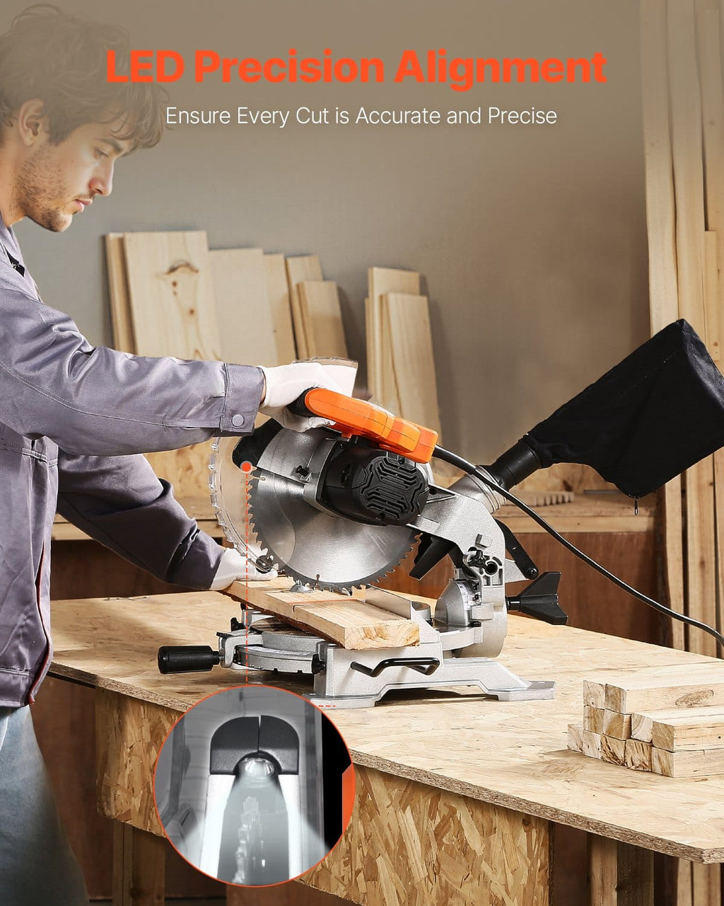 CJDropshipping Power Tools Metallic 10" Compound Miter Saw 15 Amp 60-Tooth Blade Single Bevel LED Guide Power Saw