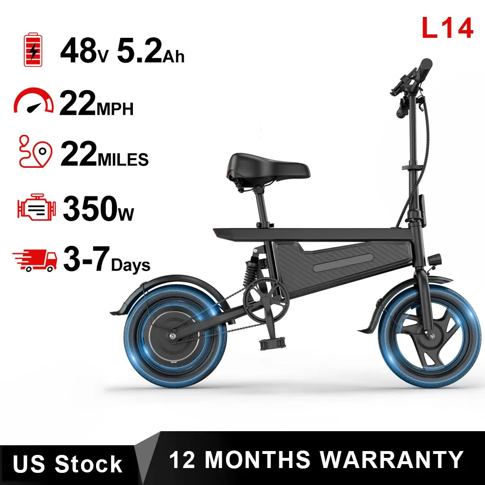 Dropshipman E-Bike L14-5.2Ah / United States / Black AOVOPRO 14" Foldable Electric Bike - 350W 22MPH Adult E-Bike