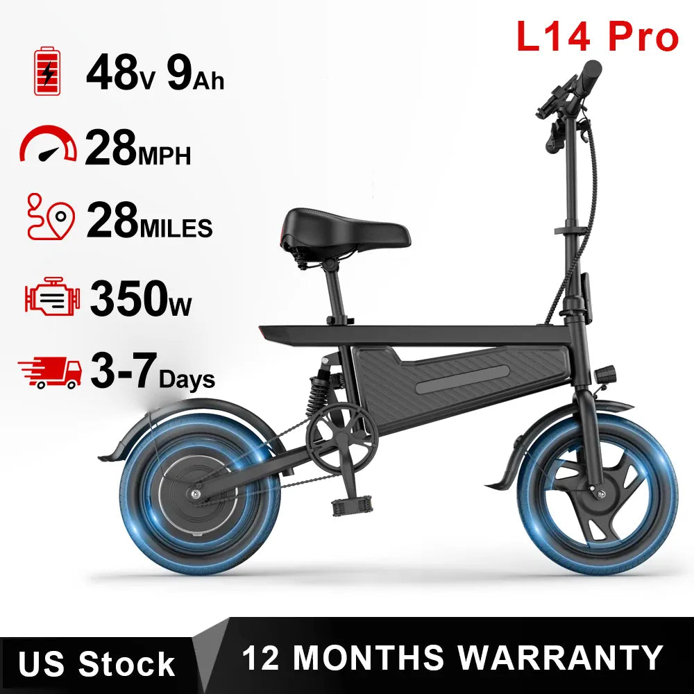 Dropshipman E-Bike L14 Pro-9Ah / United States / Black AOVOPRO 14" Foldable Electric Bike - 350W 22MPH Adult E-Bike