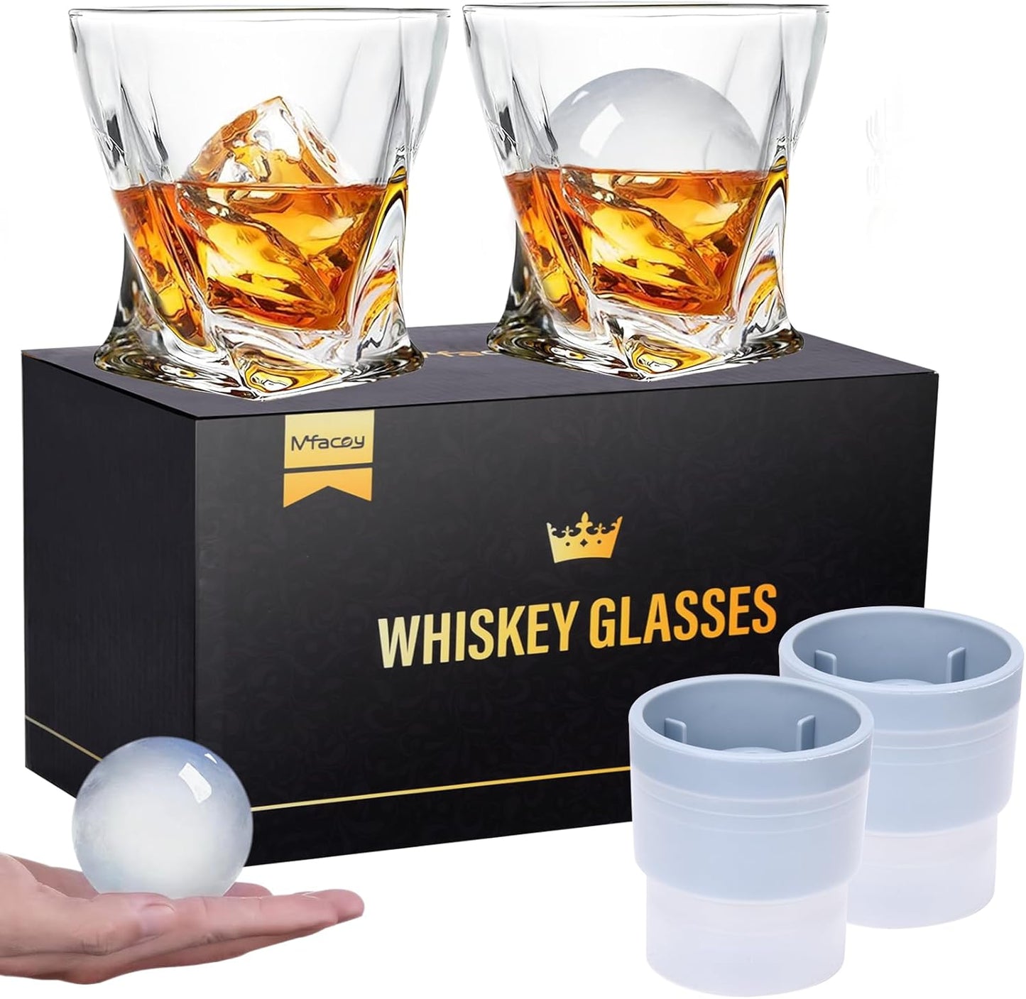 Mfacoy Drinkware Old Fashioned Whiskey Glasses Set of 4 with Ice Ball Molds Gift Box