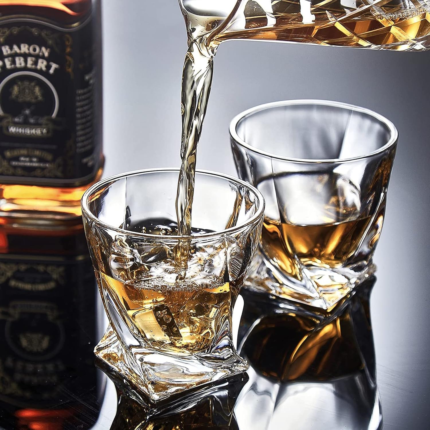 Mfacoy Drinkware Old Fashioned Whiskey Glasses Set of 4 with Ice Ball Molds Gift Box