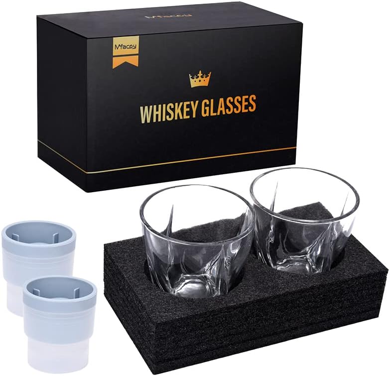 Mfacoy Drinkware Old Fashioned Whiskey Glasses Set of 4 with Ice Ball Molds Gift Box