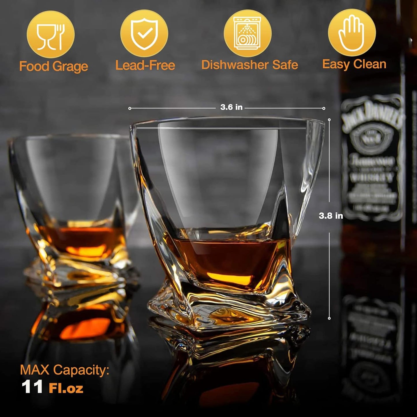 Mfacoy Drinkware Old Fashioned Whiskey Glasses Set of 4 with Ice Ball Molds Gift Box