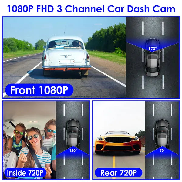 This & That Store Electronics with64GMMCCardCamera 3-Channel Dash Cam 1080P WiFi - Front Rear Inside Car Camera for Rideshare - Loop Recording, 170° Wide Angle, 64GB Card Included