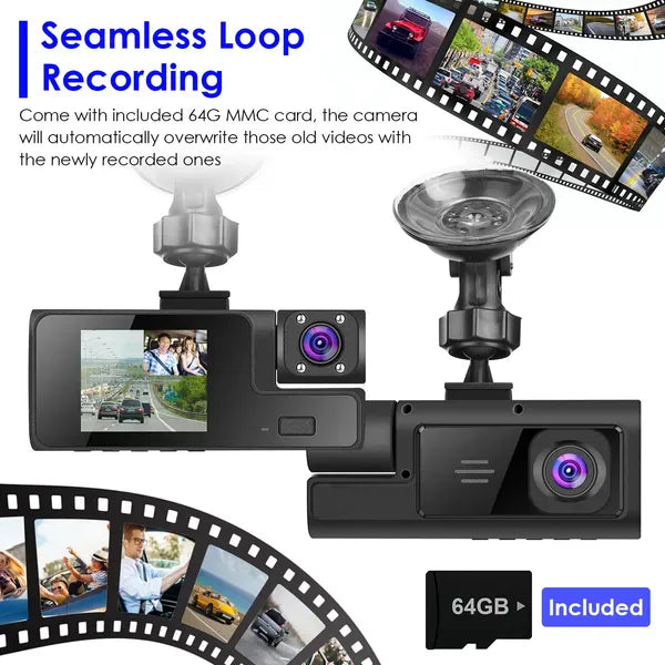 This & That Store Electronics with64GMMCCardCamera 3-Channel Dash Cam 1080P WiFi - Front Rear Inside Car Camera for Rideshare - Loop Recording, 170° Wide Angle, 64GB Card Included