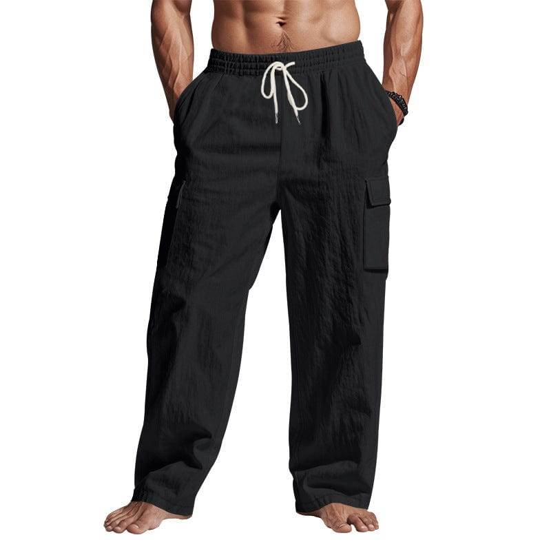 Men's Workwear Multi-pocket Straight Linen Pants Linen Four Seasons Thin Breathable Cargo Pants, Multi-pocket Loose Casual Trendy Wide-leg Pants - This & That Store
