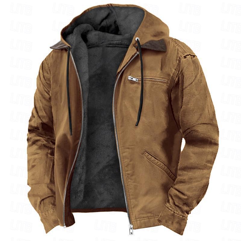This & That Store Men's Clothing Camel / 4XL Winter Hooded Coat With Pockets Fashion Warm Fleece Zip-up Jacket Casual Outwear Men's Clothing