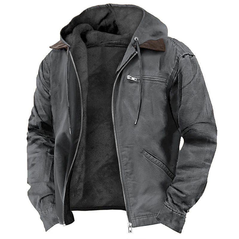 This & That Store Men's Clothing Gray 2 / L Winter Hooded Coat With Pockets Fashion Warm Fleece Zip-up Jacket Casual Outwear Men's Clothing