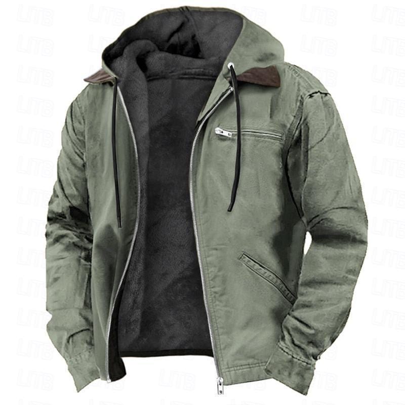 This & That Store Men's Clothing Green / 4XL Winter Hooded Coat With Pockets Fashion Warm Fleece Zip-up Jacket Casual Outwear Men's Clothing