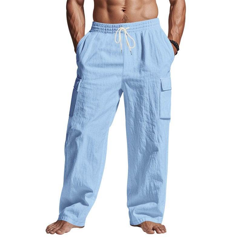 Men's Workwear Multi-pocket Straight Linen Pants Linen Four Seasons Thin Breathable Cargo Pants, Multi-pocket Loose Casual Trendy Wide-leg Pants - This & That Store