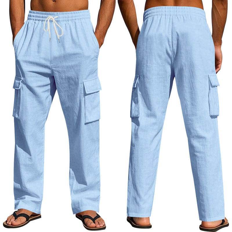 Men's Workwear Multi-pocket Straight Linen Pants Linen Four Seasons Thin Breathable Cargo Pants, Multi-pocket Loose Casual Trendy Wide-leg Pants - This & That Store