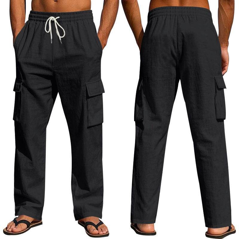 Men's Workwear Multi-pocket Straight Linen Pants Linen Four Seasons Thin Breathable Cargo Pants, Multi-pocket Loose Casual Trendy Wide-leg Pants - This & That Store