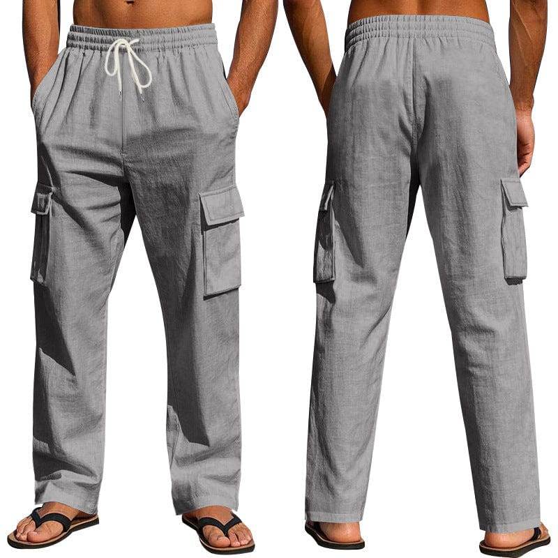 Men's Workwear Multi-pocket Straight Linen Pants Linen Four Seasons Thin Breathable Cargo Pants, Multi-pocket Loose Casual Trendy Wide-leg Pants - This & That Store