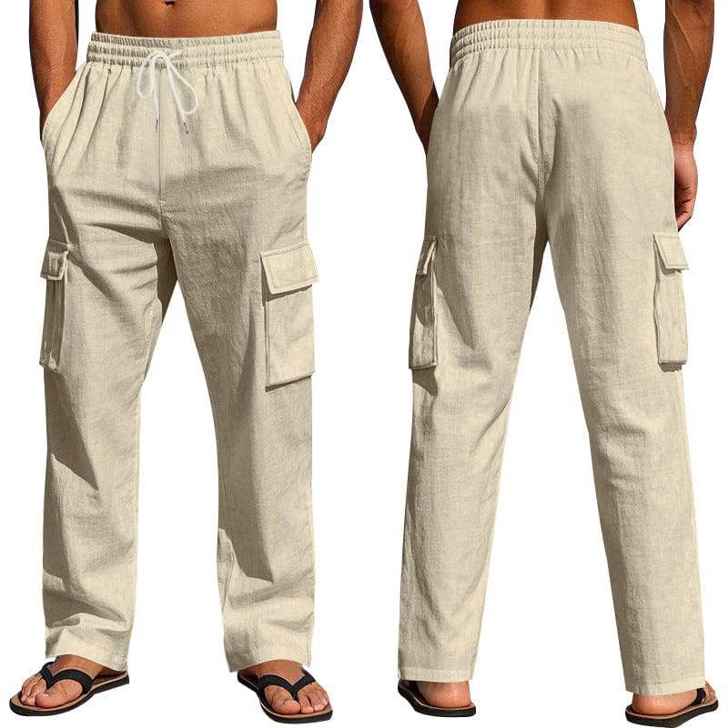 Men's Workwear Multi-pocket Straight Linen Pants Linen Four Seasons Thin Breathable Cargo Pants, Multi-pocket Loose Casual Trendy Wide-leg Pants - This & That Store