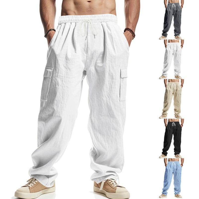 Men's Workwear Multi-pocket Straight Linen Pants Linen Four Seasons Thin Breathable Cargo Pants, Multi-pocket Loose Casual Trendy Wide-leg Pants - This & That Store