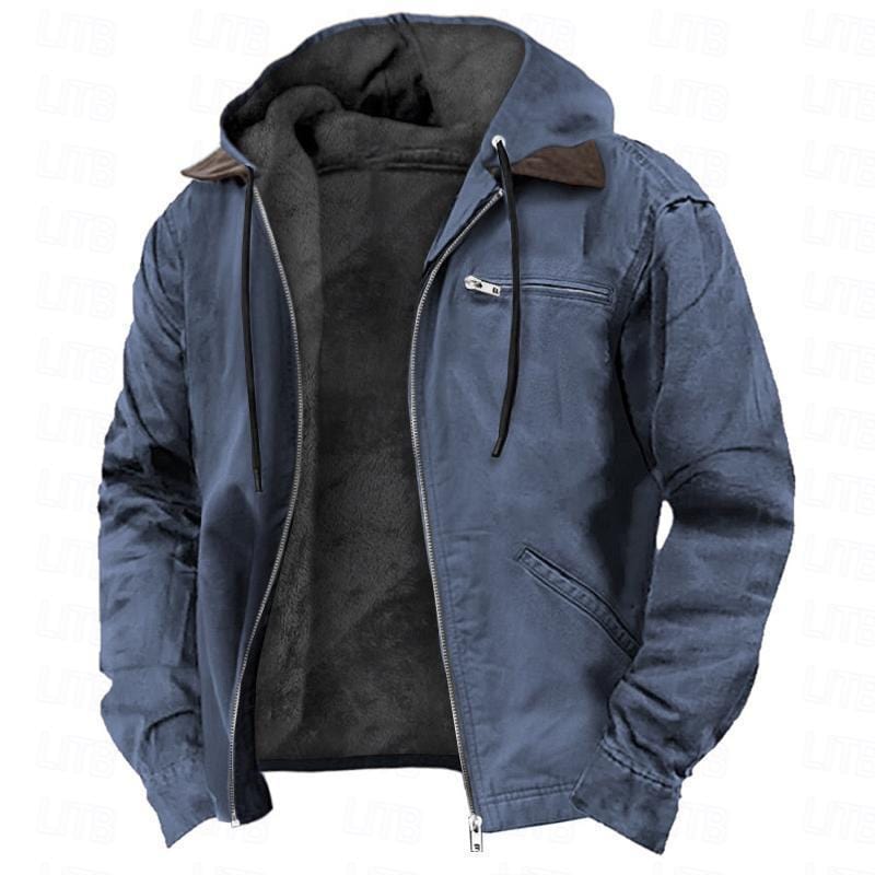 This & That Store Men's Clothing Navy Blue / 4XL Winter Hooded Coat With Pockets Fashion Warm Fleece Zip-up Jacket Casual Outwear Men's Clothing