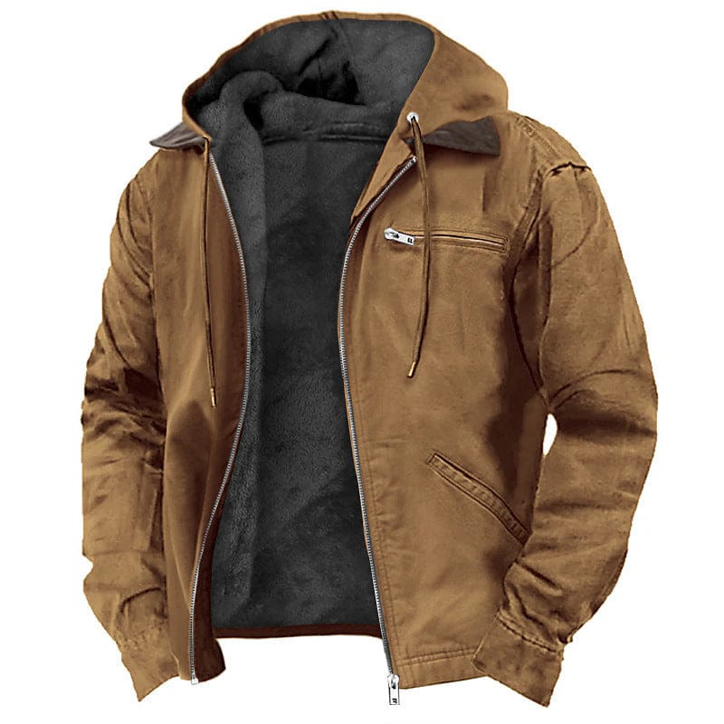 This & That Store Men's Clothing Winter Hooded Coat With Pockets Fashion Warm Fleece Zip-up Jacket Casual Outwear Men's Clothing