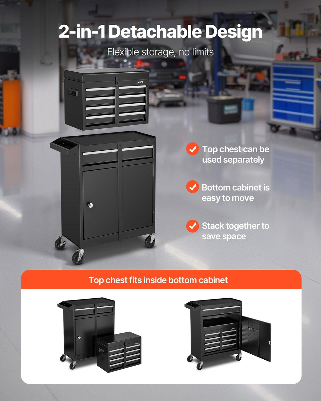 This & That Store Shop Equipment Black 2‑in‑1 Rolling Tool Chest with 5 Drawers and Detachable Toolbox