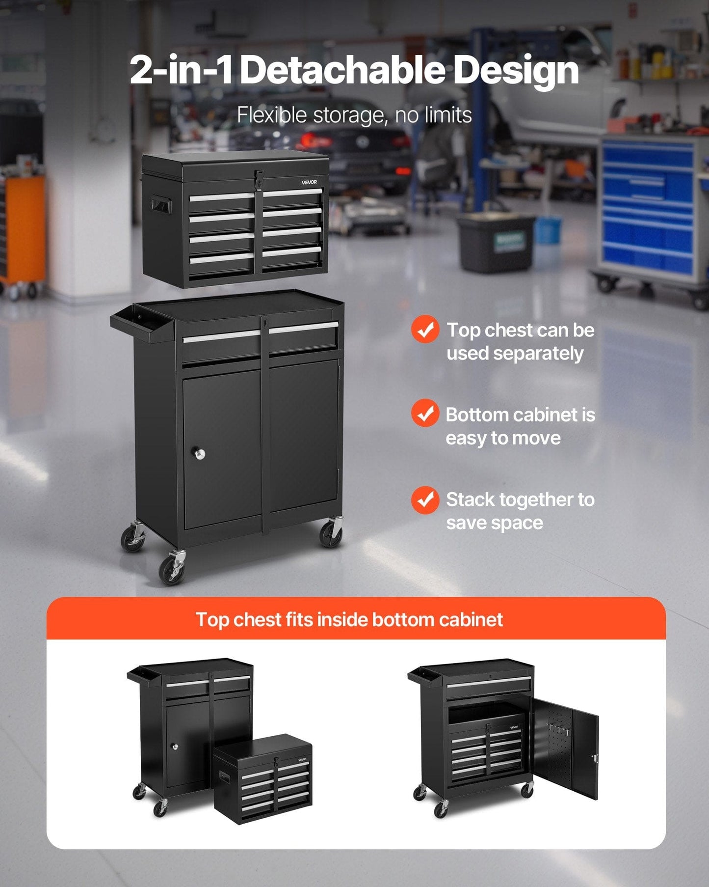 This & That Store Shop Equipment Black 2‑in‑1 Rolling Tool Chest with 5 Drawers and Detachable Toolbox