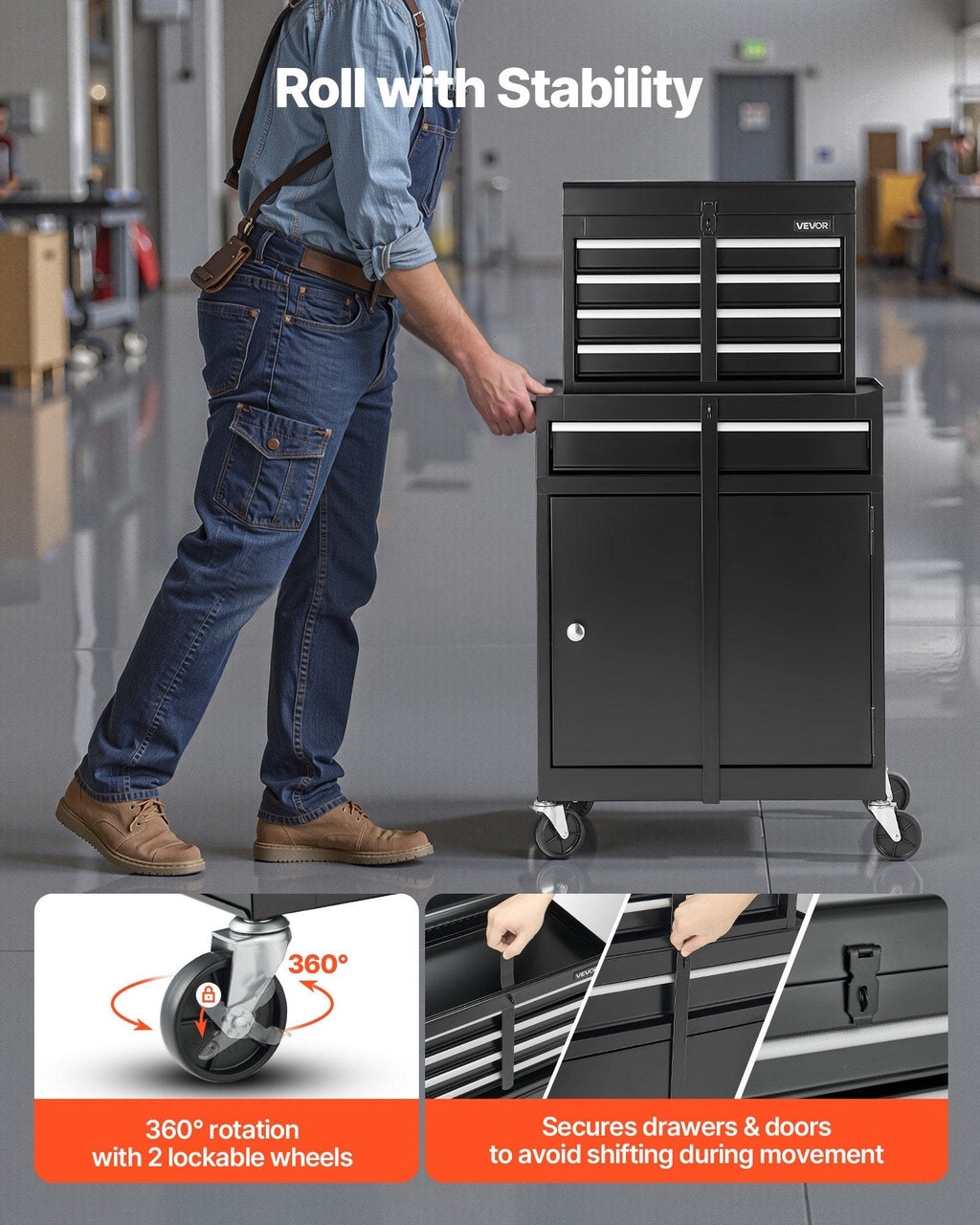 This & That Store Shop Equipment Black 2‑in‑1 Rolling Tool Chest with 5 Drawers and Detachable Toolbox