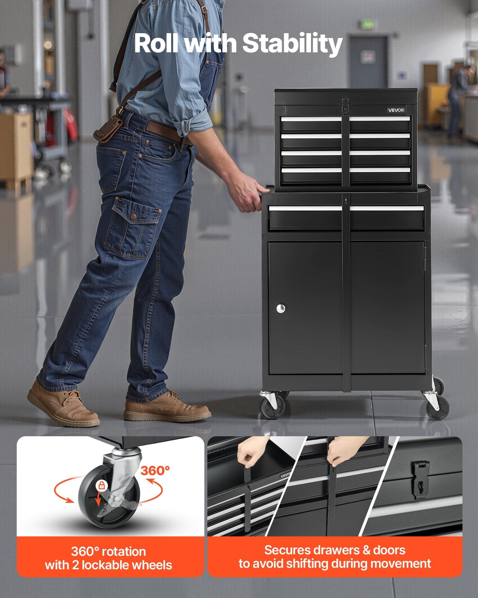 This & That Store Shop Equipment Black 2‑in‑1 Rolling Tool Chest with 5 Drawers and Detachable Toolbox