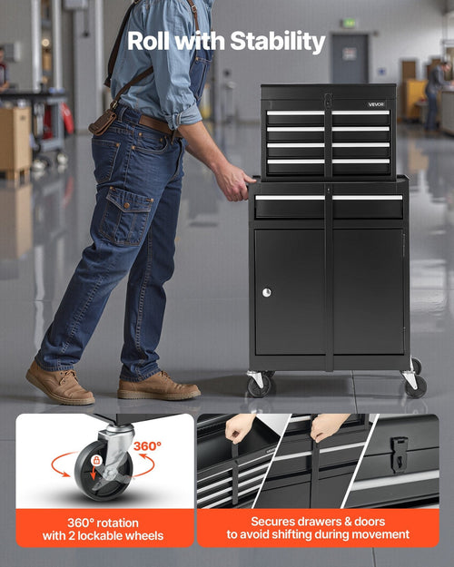 This & That Store Shop Equipment Black 2‑in‑1 Rolling Tool Chest with 5 Drawers and Detachable Toolbox