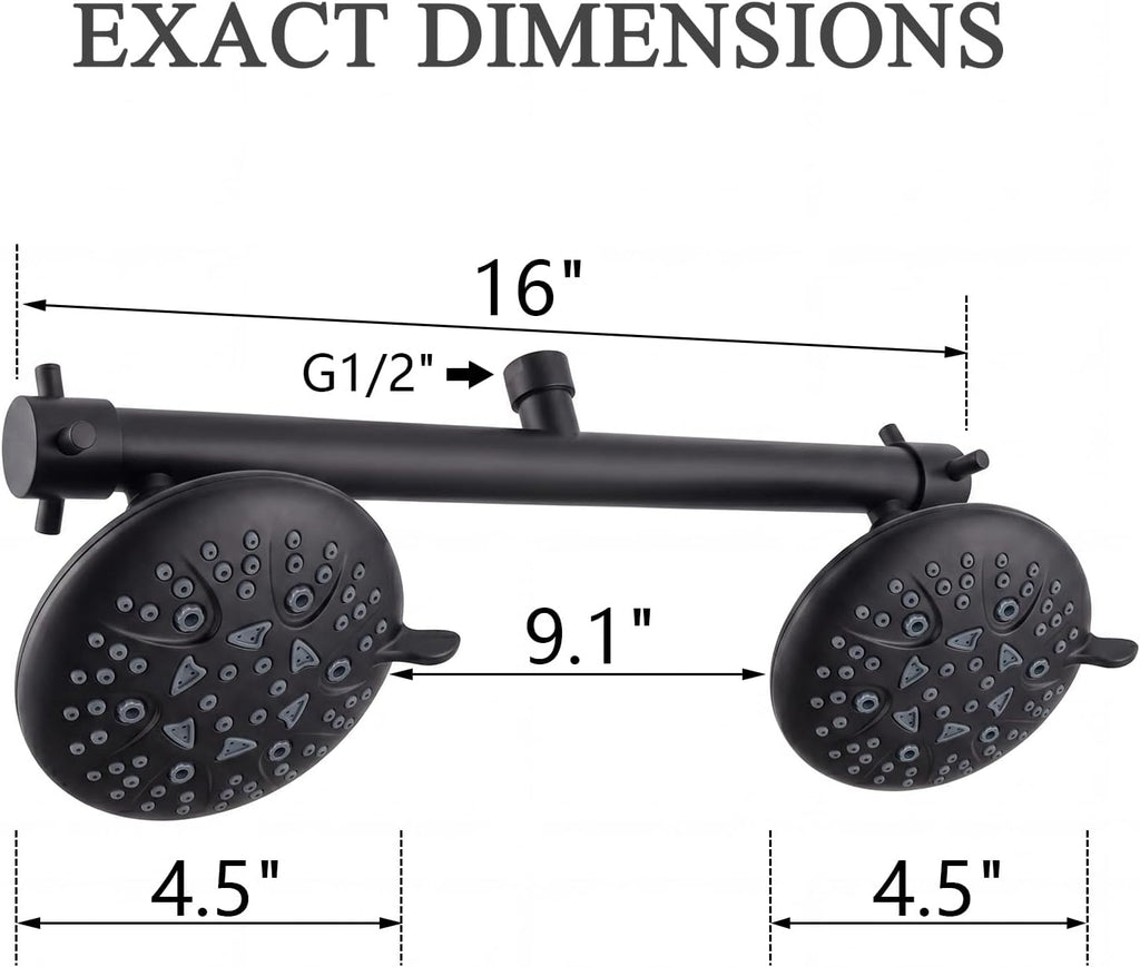 This & That Store Shower Head TRIPHIL 16" Dual Shower Head for Couples - Matte Black High Pressure 8-Spray Tandem System