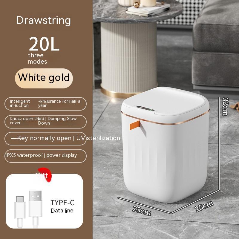 This & That Store Trash Can White gold / 20L Smart Trash Can With Lid For Bedroom And Living Room Kitchen Storage Box Trash Can Induction Small Car Box Automatic Smart Dustbin Smart Trash Bin