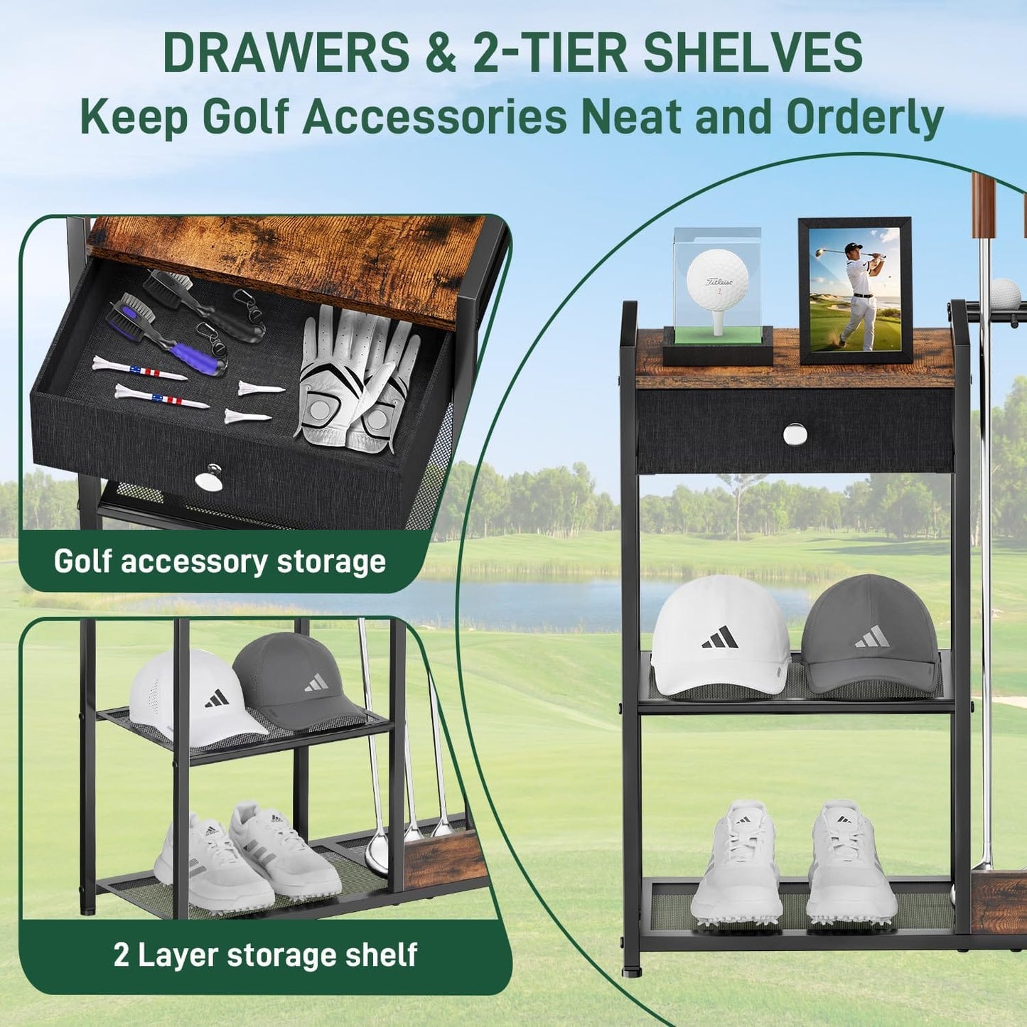 Xnwouco Outdoor Recreation Golf Club Organizer Stand for 9 Clubs & Balls Wood Metal Rack