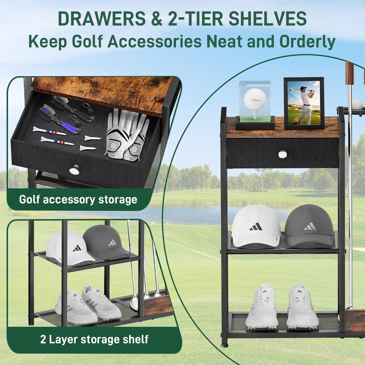 Xnwouco Outdoor Recreation Golf Club Organizer Stand for 9 Clubs & Balls Wood Metal Rack