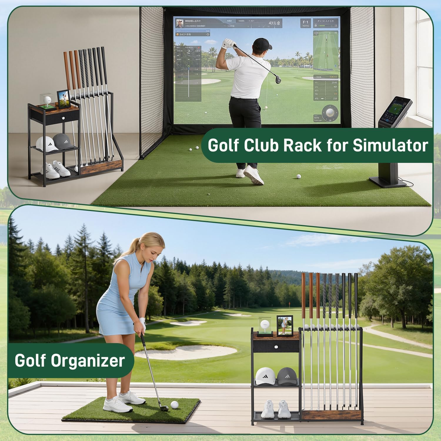 Xnwouco Outdoor Recreation Golf Club Organizer Stand for 9 Clubs & Balls Wood Metal Rack