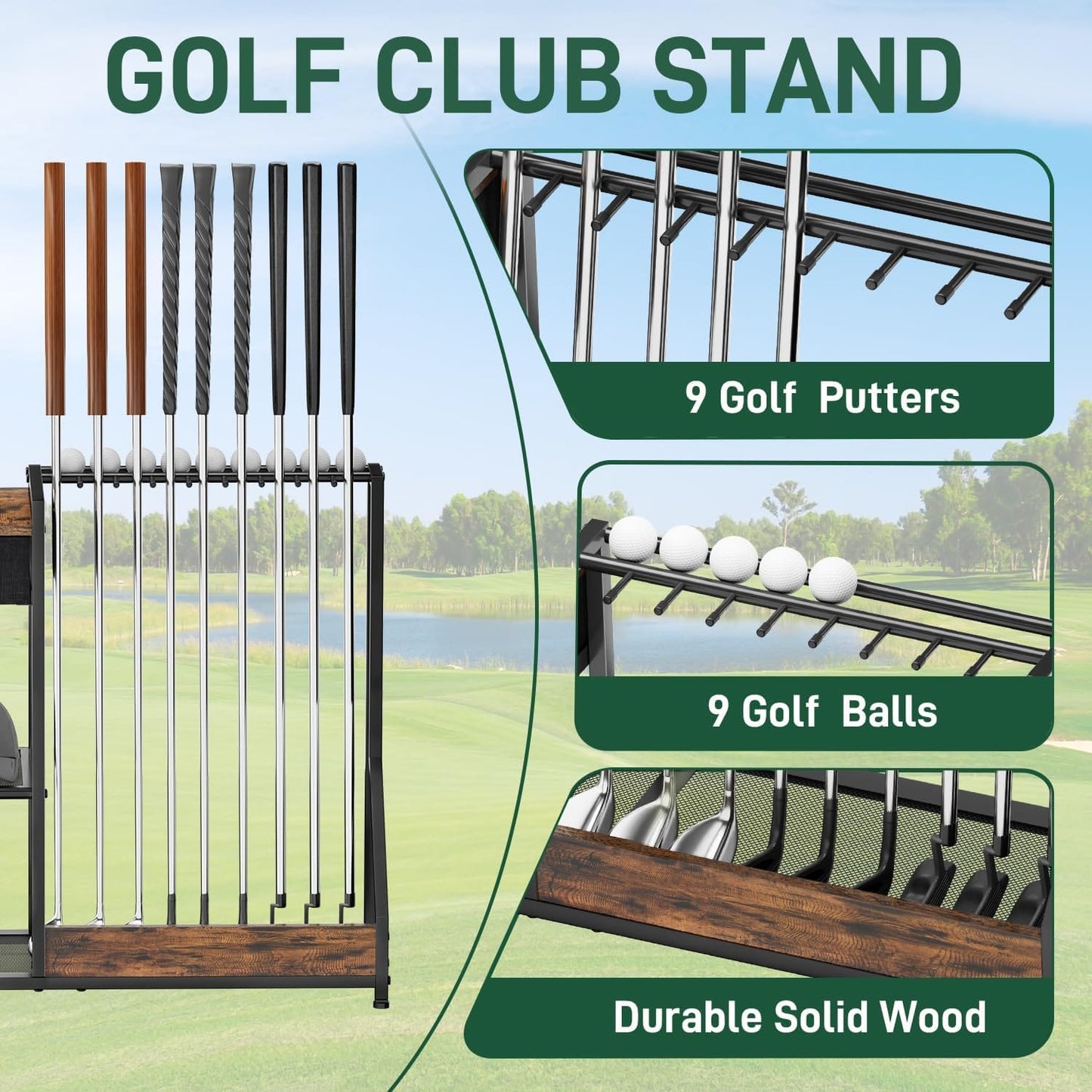 Xnwouco Outdoor Recreation Golf Club Organizer Stand for 9 Clubs & Balls Wood Metal Rack