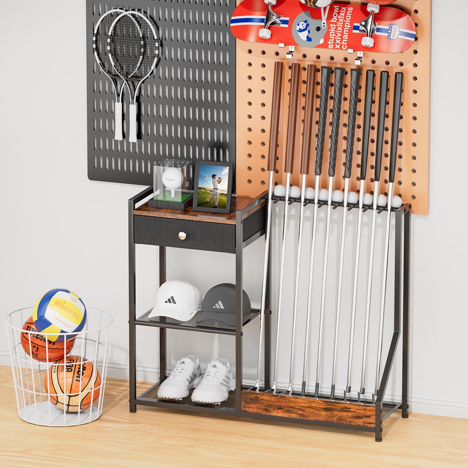 Xnwouco Outdoor Recreation Golf Club Organizer Stand for 9 Clubs & Balls Wood Metal Rack