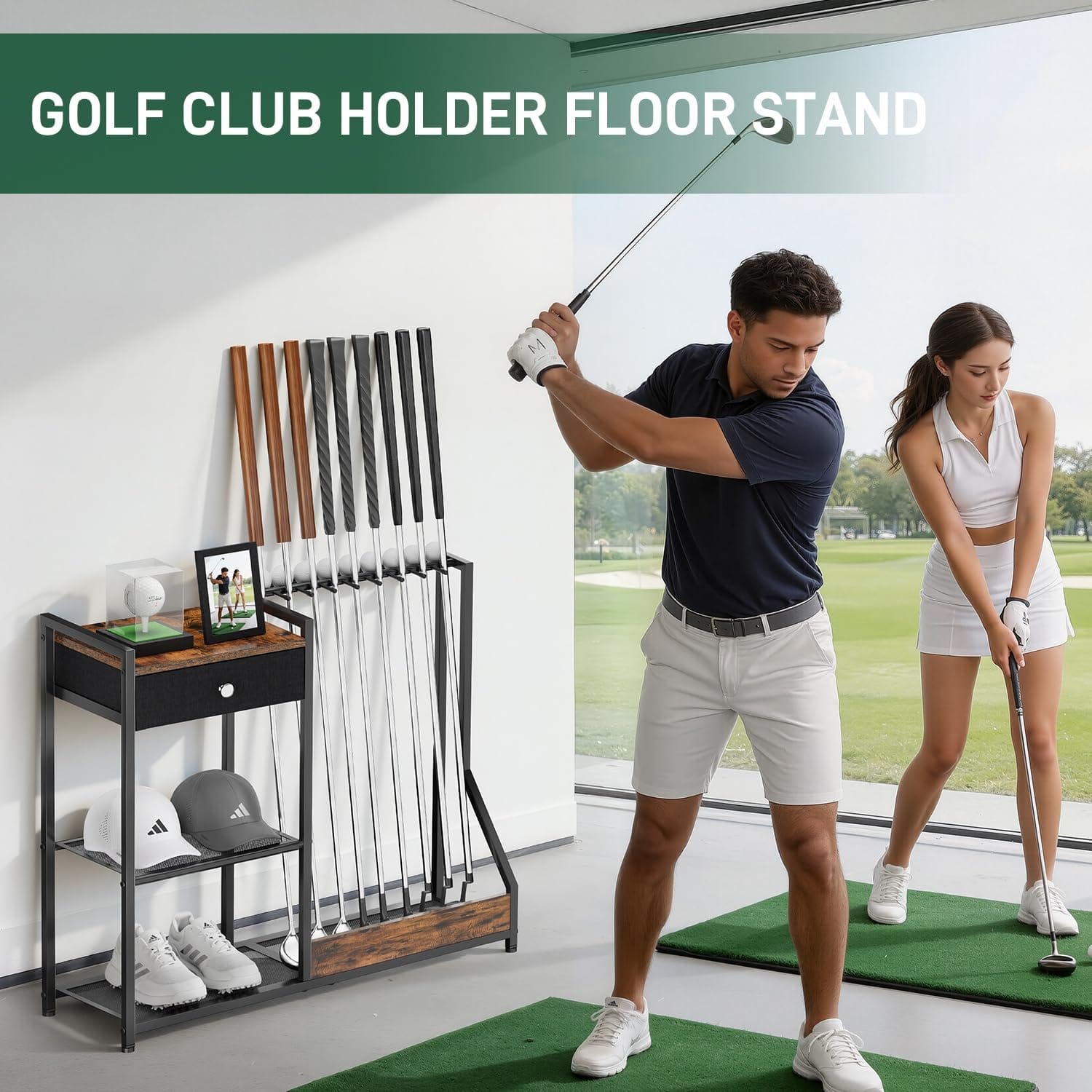 Xnwouco Outdoor Recreation Golf Club Organizer Stand for 9 Clubs & Balls Wood Metal Rack