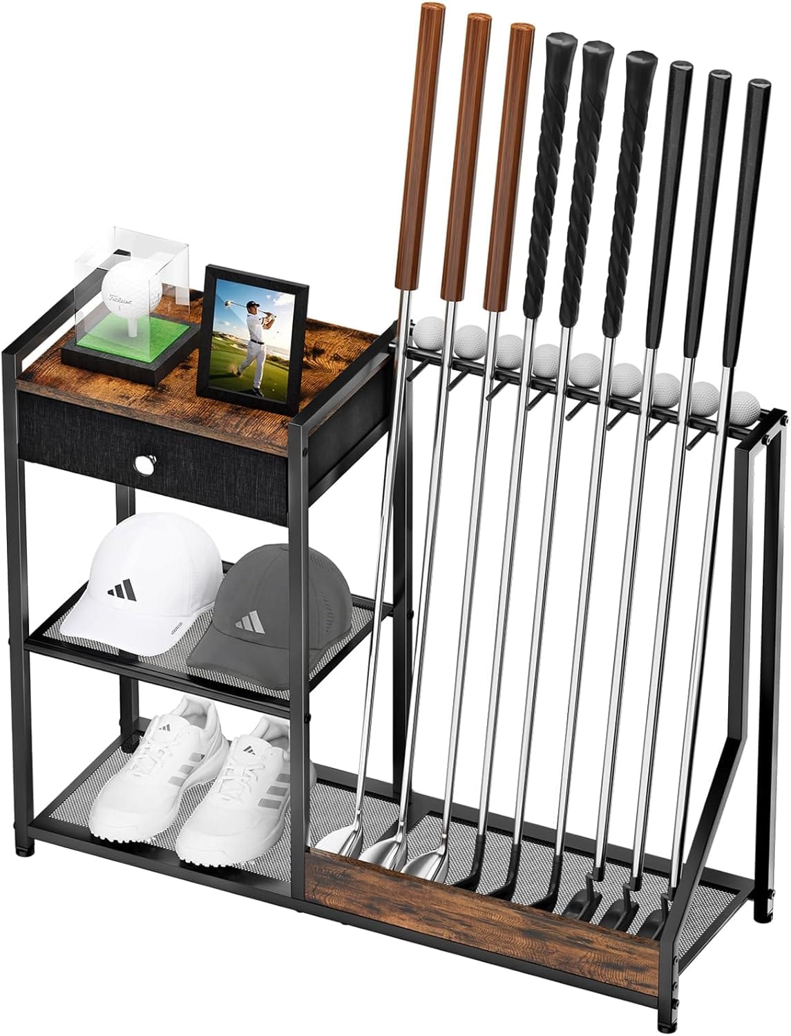 Xnwouco Outdoor Recreation Golf Club Organizer Stand for 9 Clubs & Balls Wood Metal Rack